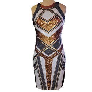 Express Sequin Art Deco Cocktail Dress Cream Gold Black SP